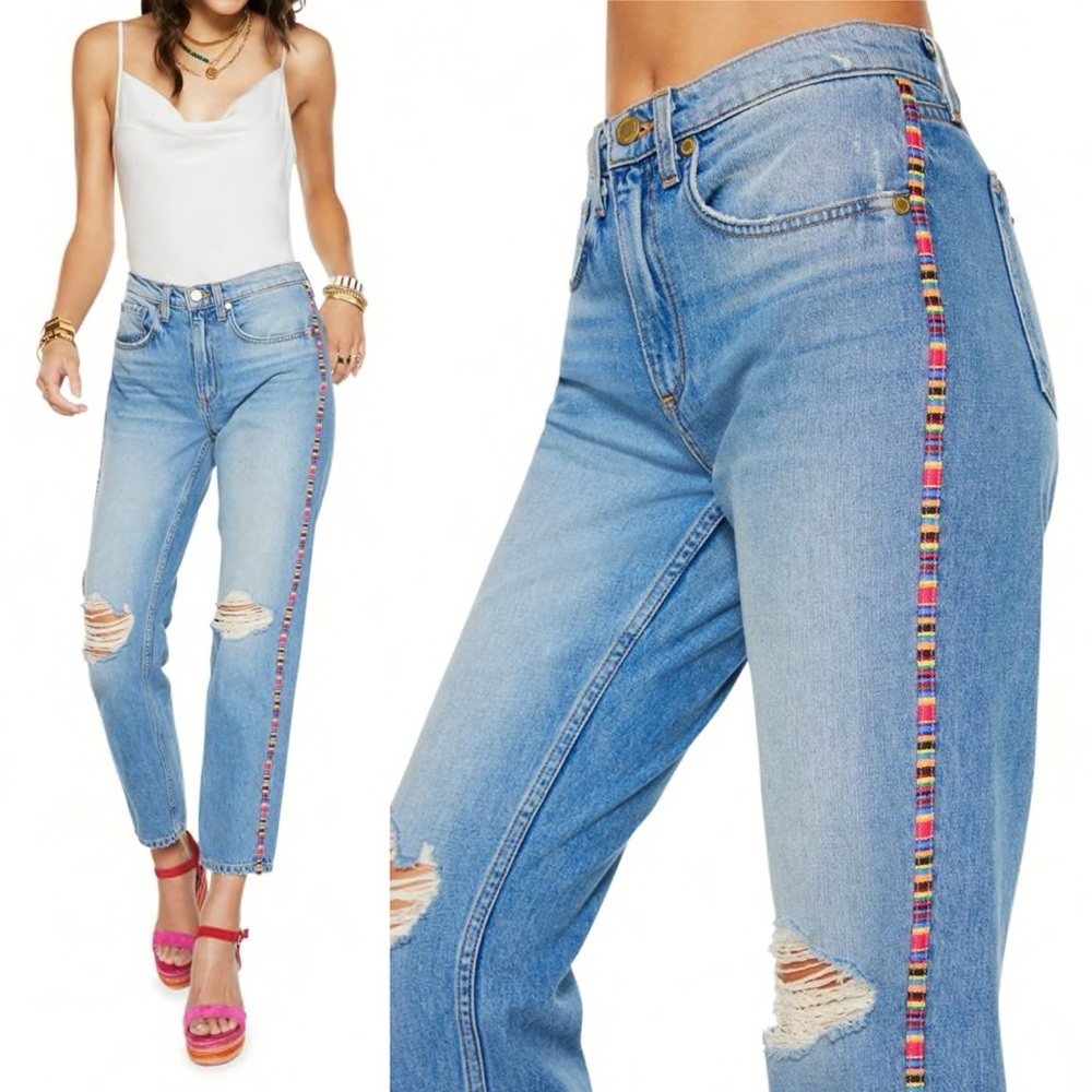 Ramy Brook Rosie Boyfriend Jeans Embroidered Stripe Size 25 Boho Distress Denim‎